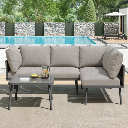 kozamas Gartenmöbel Set L-Form aus Rattan mit 2 Sofas & Beistelltisch – wetterfest, 10 cm Sitzkissen, verstellbare Füße – Lounge-Garnitur in Grau für Terrasse, Balkon, Garten
