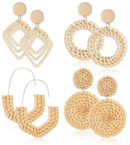 Boho Ohrringe, 4 Paare Stroh Wicker Rattan Ohrringe, Sommer Ohrringes Damen, Statement Ohrringes, Boho Schmuck für Partys, Bankette, Reisen, Hochzeiten