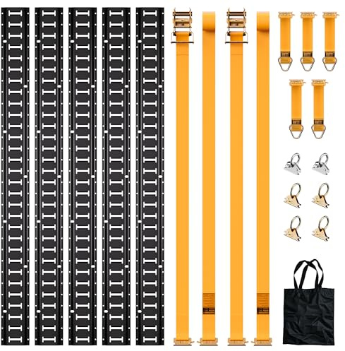 Kit Rail d'Arrimage E-Track 20 Pièces, 5 Rails de 1,52 m | Capacité Max. 998 kg, Anneaux en D, Anneaux en O Renforcés, Sangles à Cliquet, Pour Fourgon, Remorque, Utilitaire