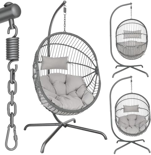 Oyajia Hängesessel mit Gestell 200cm, Seilflechten Eier Hängestuhl Outdoor & Indoor, Garten Schaukelstuhl für Balkon Terrasse, Stabiler Stahlrahmen bis 120kg, Loungesessel, faltbar, 200cm, Grau