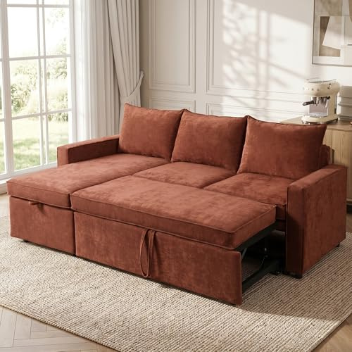 HIPIHOM 205 cm Sofa mit Schlaffunktion – Schlafsofa mit Bettkasten, Ecksofa umwandelbare ausziehbare Couch für kleine Räume, 3-in-1-Design, Plüschkissen L-förmiges Schlafsofa (Rot)
