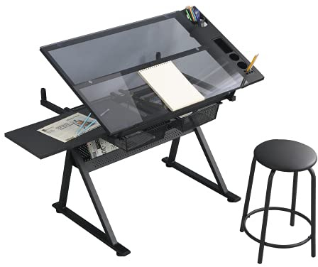 Jaxenor Zeichentisch mit Hocker, Schreibtisch mit 2 Schubladen, Verstellbarer Glas Tischplatte(0-75Grad), Architektentisch, Schülerschreibtisch für Erwachsene, Architekten, 98x60x69-91cm, Schwarz