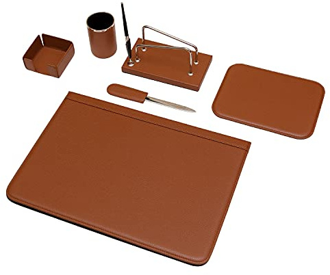 Schreibtischset 6-teilig – 100% vollnarbiges Leder – Von fachkundigen Handwerkern in Italien von Hand gearbeitet – Elegant und Funktional, ideal für das Büro - Cognac