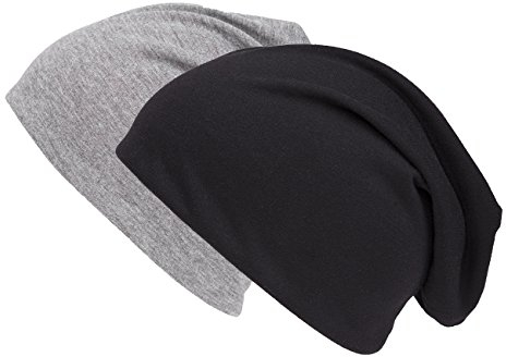 shenky 2er Set Schwarzer und Grauer Jersey Long Beanie Lange Mütze Frühlingsmütze Sommerbeanie XXL angenehm weich dünnes Material