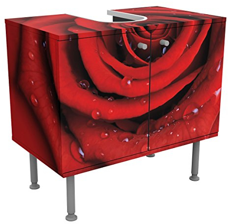 Waschbeckenunterschrank Rote Rose mit Wassertropfen 60x55x35cm, schmal, 60cm breit, höhenverstellbar, Design Waschbeckenschrank, Waschtisch, Waschtischunterschrank, Badschrank, Größe: 55cm x 60cm