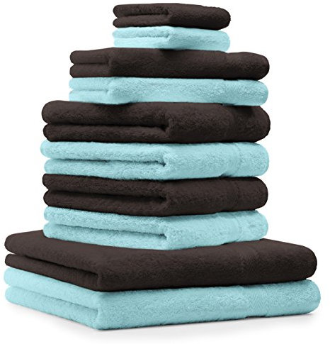 Betz 10-TLG. Handtuch-Set Premium 100% Baumwolle 2 Duschtücher 4 Handtücher 2 Gästetücher 2 Waschhandschuhe Farbe Dunkel Braun & Türkis
