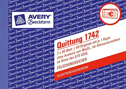 Avery Zweckform 1742 Quittung Kleinunternehmer, DIN A6, selbstdurchschreibend, 2 x 40 Blatt, weiß (3er Pack)