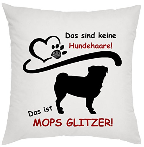 Crealuxe Das sind Keine Hundehaare - das ist Mops-Glitzer Zierkissen, Sofakissen, bedrucktes Kissen, Bauwollkissen