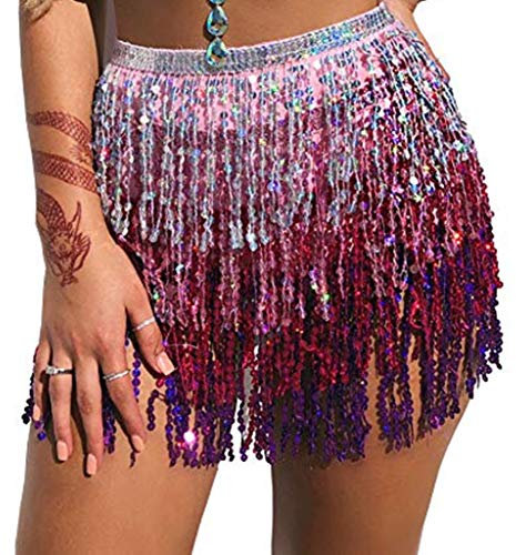 Baisdan Belly Dance Dancer Costume Sequin Tassel Fringe Hip Scarf Belt Waist Wrap Skirt Silver/Pink/Purple