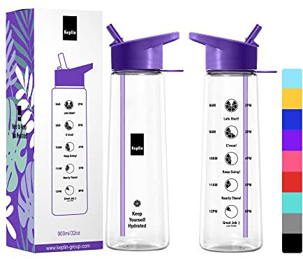 KEPLIN Premium 900ml Water bottle with Straw | BPA-Free, Daily Water Intake Bottle with Time Markings | Motivational, Leakproof Sports Water Bottle, Ideal for Gym, Office, Cycling & Running (Purple)