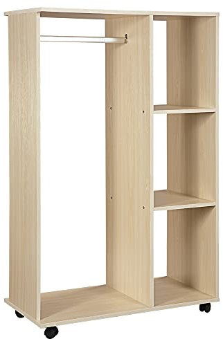 HOMCOM Kleiderschrank auf Rollen, Mobile Garderobe, 1 Kleiderstange, 3 Regale, Garderobenschrank für Flur, Schlafzimmer, 80 x 40 x 128 cm, Natur