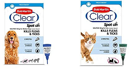 Bob Martin Clear | Spot On Flea Treatment for Medium Dogs (10-20 kg) | Fast Control, 24 Week Protection & Spot On Flea Treatment for Cats & Ferrets | Fast Control, 15 Week Protection (3 Pipettes)