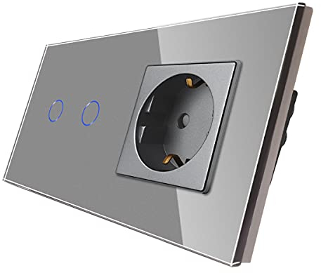 CNBINGO Touch Lichtschalter mit Schuko Steckdose unterputz - Wandschalter zweifach in Grau - Berührungsschalter mit Glasrahmen und Status-LED - 500W/Fach