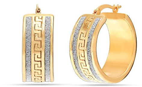 LeCalla Damen-Ohrringe aus Sterlingsilber, gelb-golden, mit griechischem Schlüssel, runde, dicke Creolen mit Klickverschluss