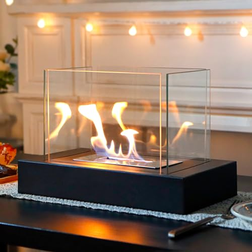 Rechteckiger Tisch-Feuerschalentopf mit vierseitigem Glas, 34.3 cm L, tragbarer Tischplatte, Kamin, sauberes Brennen, Bio-Ethanol, Partys, Veranstaltungen