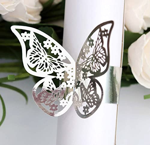 Duories 100 Stück Schmetterlings Papier Serviettenringe als Tischdeko,Serviettenhalter Serviettenschnallen für Hochzeitsfeier Abendessen Jubiläum Geburtstag Party Weihnachten Tischdekoration,Silber