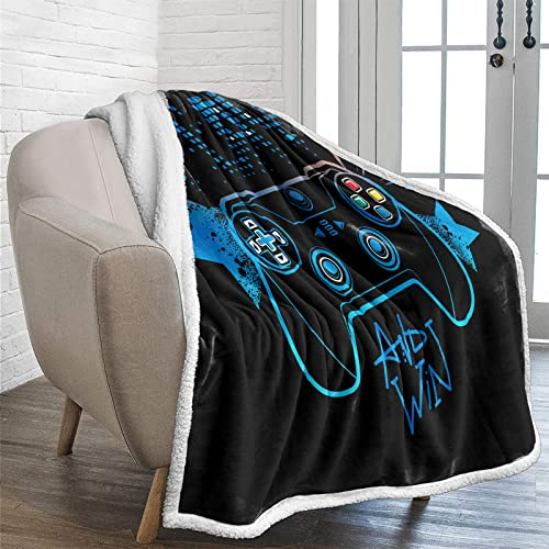 Lunoroey Gaming-Decke, Überwurf, Jungen, Bettwäsche, Kinder, Teenager, Gamepad, Gamer, Controller-Design, blau-schwarz, Sherpa-Fleece-Decke, Überwurf, superweiche Sofadecke, 150 x 200 cm