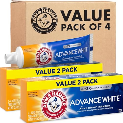 ARM & HAMMER Advance White Toothpaste, Teeth Whitening Baking Soda Toothpaste with Stain Defense Technology and Fluoride, Clean Mint Flavor, 6.0 Oz (4 Pack)