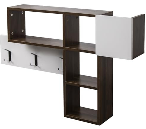 BAKAJI Appendiabiti Attaccapanni da Parete Muro con 9 Ganci Appendi Abiti e Scaffale Libreria 3 Ripiani Portaoggetti In Legno MDF Bicolore Design Moderno Dimensione 99,5 x 61 x 15 cm (Brown)