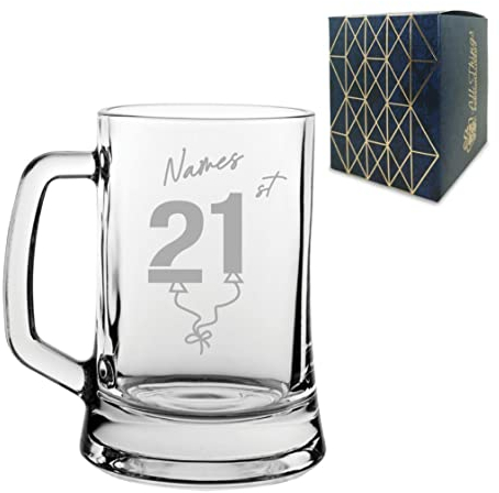 Personalised Engraved Tankard Beer Mug Stein Happy 21st Birthday Balloon Design Gift Boxed, 16.75oz/495ml Classic Beer Glass, Any Name, Engraved in The UK