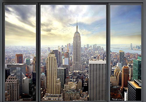 decomonkey carta da parati New York Finestra Grafica, 400x280 cm | fotomurale in tessuto non tessuto, architettura, città, panorama, cielo, colorato