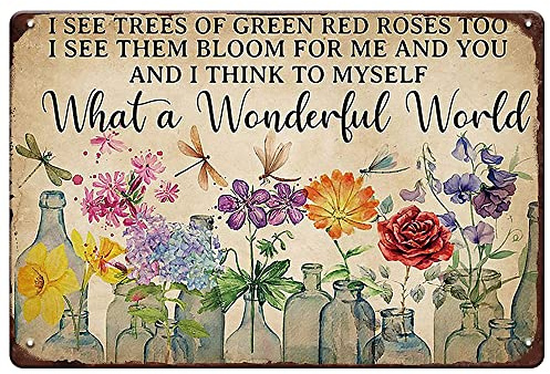 Metall-Blechschild mit Libellen- und Blumenmotiv, What a Wonderful World I See Trees of Green Red Roses Too, lustige Gartenschilder, Wanddekoration, 30,5 x 20,3 cm, Retro-Blechschild, Blumen-Poster