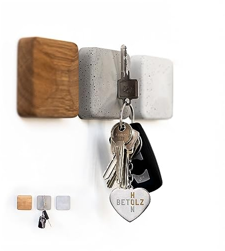 BETOLZ® Design Schlüsselhalter Magnetisch aus Beton & Holz [‎7,5 x 7,5 x 2,5cm] Alternative zum Schlüsselbrett ohne Bohren/Schlüsselaufbewahrung zum Kleben - 3er Set