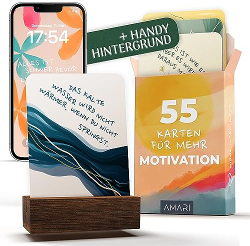 Amari ® Achtsamkeitskarten mit Holzständer - 55 Motivationskarten mit Sprüchen für mehr Achtsamkeit - Achtsamkeit Geschenk - Glückskarten Karten Selbstliebe - Affirmationskarten für Erwachsene