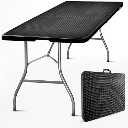 SKYLANTERN® Klapptisch, 180 cm, rechteckig, Rattan-Effekt, Schwarz – Campingtisch, zusammenklappbar, für 6/8 Personen, 180 x 76 x 74 cm – Klapptisch für den Außenbereich aus HDPE, dick 3,5 cm –