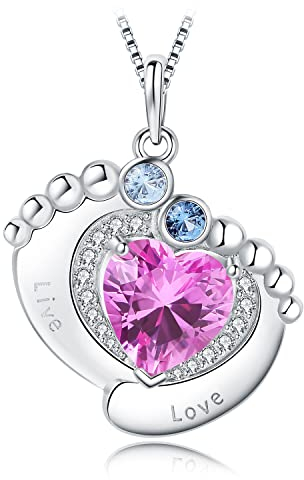 JewelryPalace 2.5ct Empreintes de pas Amour Mignon Pieds Pendentif Taille Coeur Synthèse Rose Saphir Argent 925 Pour Femme, Ensemble Parure de Bijoux Pierre Fille, Spine Collier Chaine Cadeau 45CM