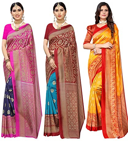 Yashika Women's Art Silk Saree Combo Pack - Navy, Metro Rama, Minali Mustard - 6.3Mtr. - Pack of 3