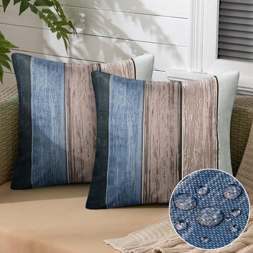 2er Set Kissenbezüge 45 x 45 Kissenbezug Outdoor Wasserdichte Kissenbezug Frühling Sommer Sofakissen Ombre Blau Grau Holz Streifen Leinenoptik Kissenbezüge für Bauernhaus Garten Outdoor Dekokissen