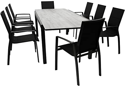 DEGAMO Gartengarnitur Sitzgruppe FARO 9-teilig, 8X Stapelsessel aus Aluminium anthrazit und gepolstertem Textilgewebe in schwarz sowie 1x Ausziehtisch Aluminium + Glas 180/240x100cm, anthrazit