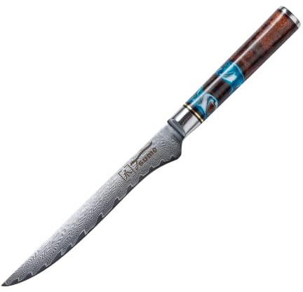 Tsume Filetiermesser Sturm, Klingenlänge 15cm, Echtes Damast Küchenmesser, 67 Schichten VG10 Edelstahlkern mit Sturmigem Kunstharz Handgriff, Rasiermesserscharf