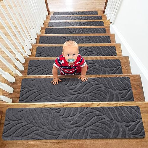 YISUN 15 PCS Stair Mats, Stair Carpet, Anti Moving and Non-Slip Stair Pads, Removable Self-Adhesive Carpet Stair Treads for Children, Elderly and Pets