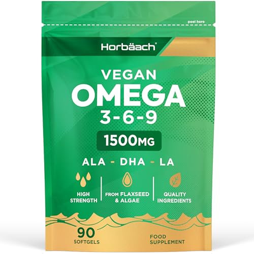 Vegan Omega 3 6 9 Capsules | 1500mg | 90 Count | High Strength Oil from Flaxseed and Algae | ALA DHA and LA | No Artificial Preservatives | by Horbaach