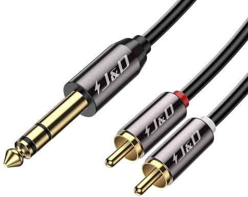 J&D Cable De 6,5 mm a 2RCA, 6,35mm 1/4 inch TRS Macho a 2 RCA Macho Cáscara de Cobre Heavy Duty Estéreo Adaptador de Audio y Divisor RCA Cable Chapado en Oro, 4.5 Meter