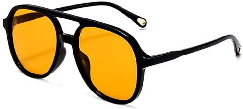 LOJUDI Retro 70s Sunglasses Mens Womens - Polarised Tinted Pilot Vintage Square Double Bridge Glasses UV400 Protection-Black/Orange Yellow