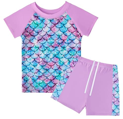 WYTbaby Traje de baño para niña de 2 piezas UV traje de baño niños manga corta impresión tela traje de natación camiseta UV niña 9-10 años, Purple Mermaid, 7-8 Años