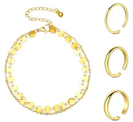 Zehenring und Fußkettchen Set 2mm/3mm/4mm Klassischer glatter Zehenring Verstellbarer offener Finger Knöchelring und Armband Silber Rose und Gold