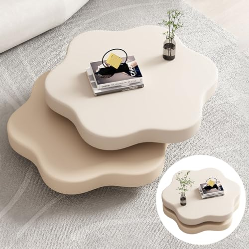 Cremeweißer Couchtisch, Moderne Couchtische, aus Holz zusammengebauter Couchtisch für Wohnzimmer, Platte drehbar, runde Blütenblätter, 31,5 Zoll Durchmesser, weiß, 80 cm/31,5 Zoll