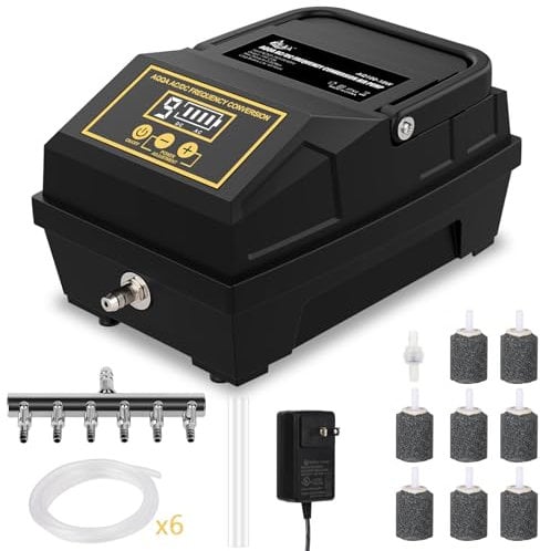 AQQA Pompe à air pour aquarium, pompe à oxygène puissante pour bassin à l'extérieur, alimenté par piles, aérateur 6 sorties, pompe à oxygène réglable de 10 W, avec accessoires, jusqu'à 2200 l