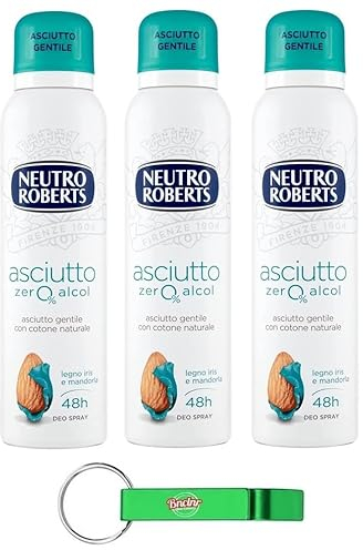 3x Neutro Roberts, Deodorante Asciutto Spray Iris und Mandel, Ohne Alkohol und mit Rockalaun, Anti-Schweiß-Geruch,Deodorant Unisex 150ml + Beni Culinari Kostenloser Schlüsselanhänger