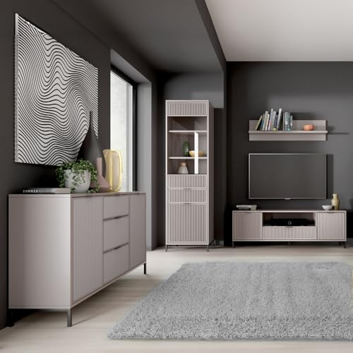 Lomadox Wohnzimmer Set Wohnwand Anbauwand Kaschmir beige 4-teilig modern Kommode Vitrine Wandregal Lowboard