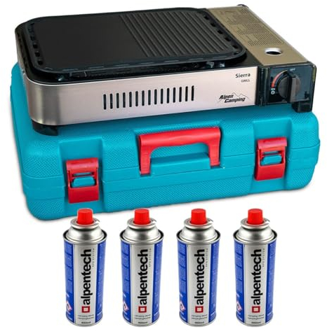 ALPEN - Plancha/Grill Gaz Portable Multifonction 2100W, Allumage Piézo + 4 cartouches, Répartition Uniforme, Récupérateur Graisse, Mallette Transport Inclus - Balcon, Camping