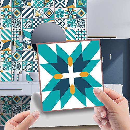 Fliesenaufkleber Blaue Geometrie Stickerfliesen,Mit Tollen Motiven Und Ornamenten Für Wände Und Fliesen,Wand Fliesenfolie Diy Für Küche Badezimmer Home Decor15X15Cm