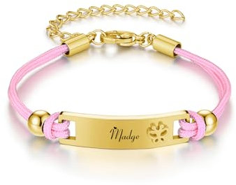 PiercingJak Personalisiertes Armband mit ID Gravur Namensarmband Rosa Seil Armbänder mit Rechteckiger Anhänger Taufe Geburt Geschenke für Mädchen Junge, Schmetterling Muster