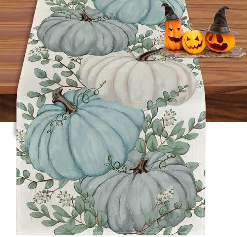 Udbrud Kürbisse Blau Tischläufer, Herbst Blätter Erntedankfest Saisonnal Küche Esstisch Dekoration Waschbar Wohnkultur Tafeltuch für Drinnen Draußen Herbstdeko Thanksgiving 40x140 cm