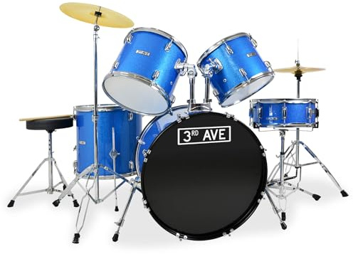 3rd Avenue Full Size Beginner Drum Kit with Cymbals Stands, Stool & Sticks - Shine Blue - FREE 6 Month Lessons