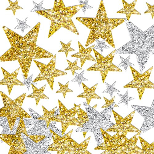 32 Pcs Star Iron On Patches Sew on Star Patches Rhinestone Appliques Embroidered Patches Mixed Size Iron On Patches for Hats Clothes Jackets Pants Backpacks Decoration Repair (Gold Silver)